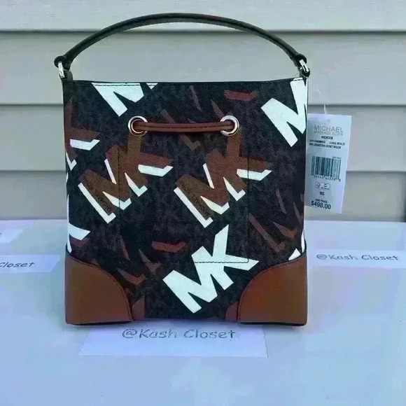 Michael Kors Mercer Drawstring Bucket Bag Medium Messager Purse Brown Multi - Picture 6 of 12